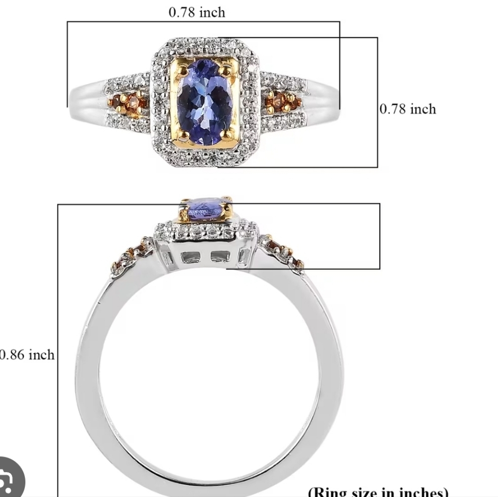 Genuine Tanzanite, Champagne & White Zircon Platinum Sterling Silver Sz 7 - Picture 4 of 10